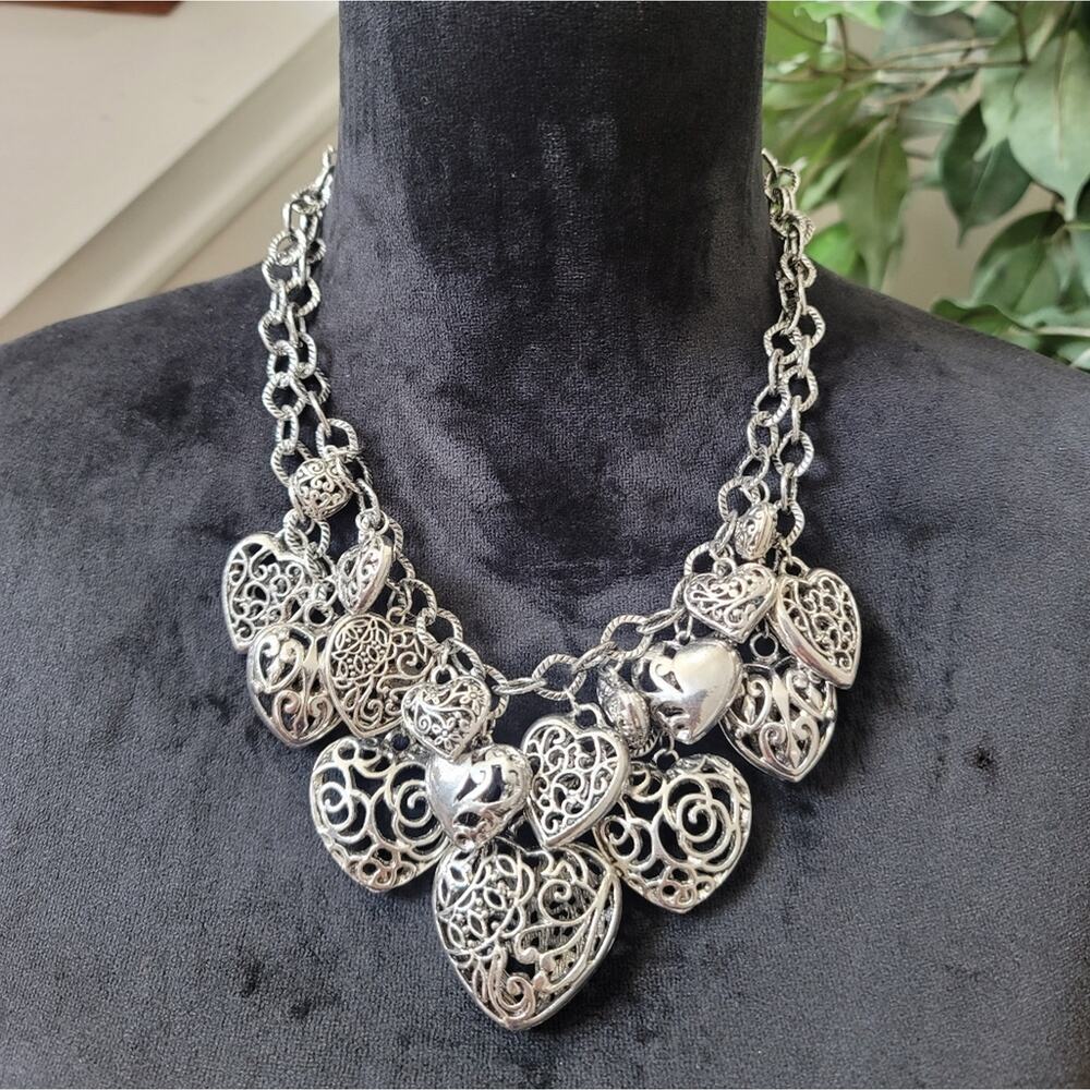 Silver Heart Double Layer Statement Necklace - image 1
